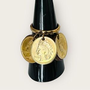 Vintage coin ring adjustable size gold tone Indian head design with round wood